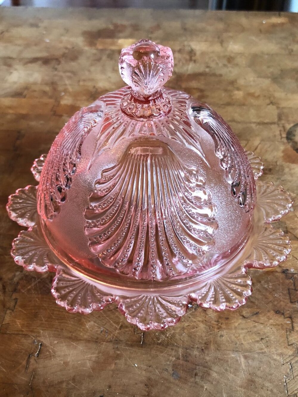 ANTIQUE Mosser Glassware Ohio Pink Shell Beaded Round Covered Footed Butter Dish